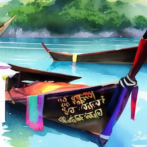 2 Thai longtail boats Watercolor Print,Thailand Digital Wall Art, Printable Wall Decor, Instant Digital Download, Thai boat Wall Art