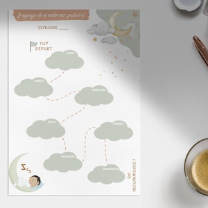 Könnte beinhalten: Ein weißes Diagramm mit dem Text "J'essaye de m'endormir seule(c)" und "SEMAINE". Es zeigt einen Wolkenpfad mit Wochentagen, ein Baby, das auf einem Mond schläft, und eine Flagge mit der Aufschrift "TOP DÉPART".