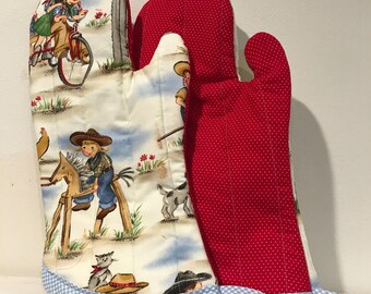 Kid Cowboy Blue Gingham and Red Oven Mitt (Pair)