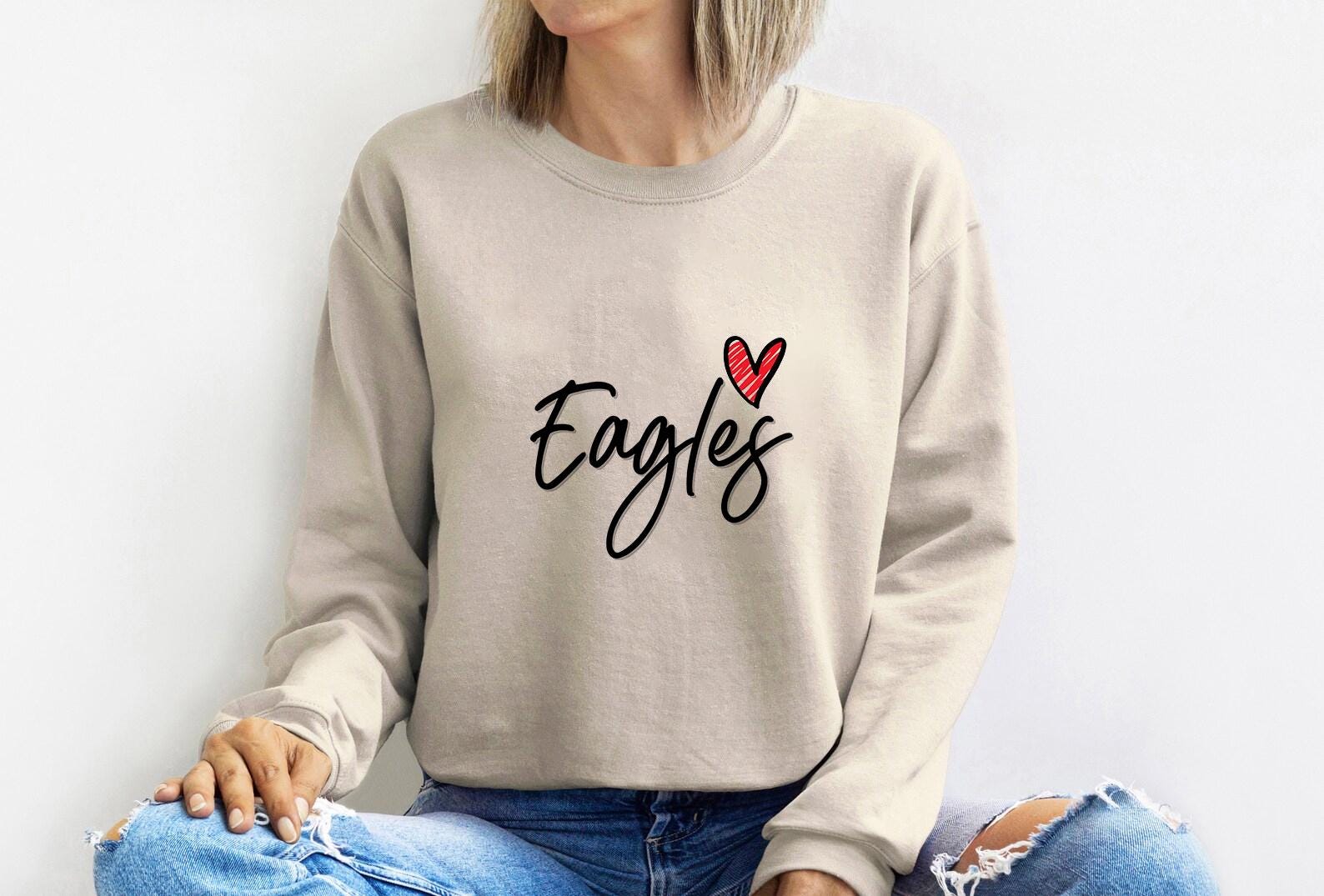 Eagles Shirt with Heart – Cute Script Eagles T-Shirt for Women – School Spirit Tee – Game Day Outfit – Football Cheer Mom Shirt