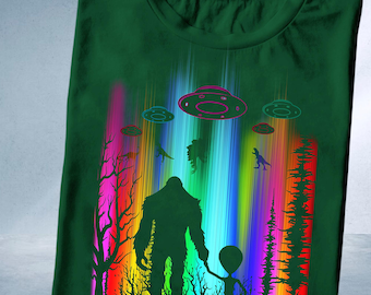 Colorful Bigfoot UFO Abduction Shirt: Rainbow Cryptid Tee