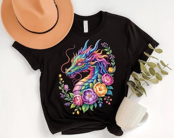 Floral Dragon Graphic Tee: Vibrant Fantasy Art Shirt