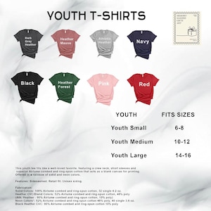 a collection of youth t-shirts in various colors and sizes, including black, navy, pink, red, green, and a rainbow of solid and neon colors.