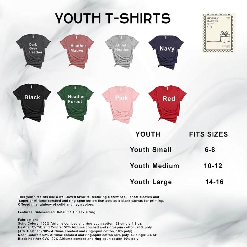 a collection of youth t-shirts in various colors and sizes, including black, navy, pink, red, green, and a rainbow of solid and neon colors.