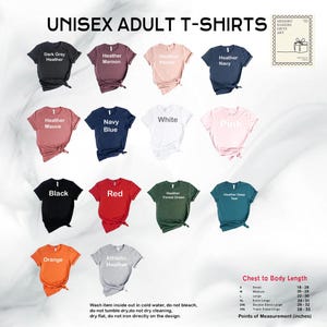 a collection of unisex adult t-shirts in various colors and sizes, arranged in a grid format.