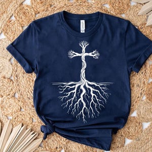 Tree Cross with Roots Shirt – Christian Faith Tee with Rooted in Christ Graphic – Spiritual Growth T-shirt – Bible Verse Gift for Women