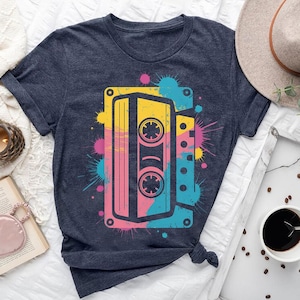 Kleurrijk shirt met cassettebandje – retro jaren 80 jaren 90 muziek grafisch T-shirt – vintage mixtape splatter art T-shirt voor mannen en vrouwen