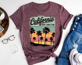 Retro California Surf Shirt: Sunset Palm Tree Graphic Tee