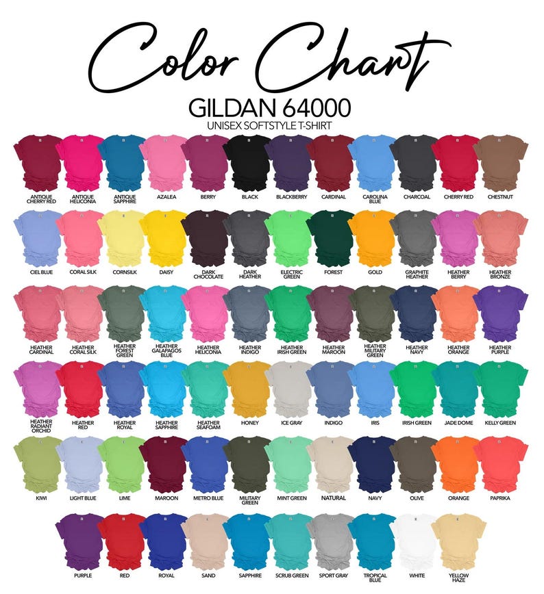 The image is a color chart for GILARD 64000 unisex softstyle t-shirts. It displays a variety of different colored t-shirts, ranging from pastel shades to bold, vibrant colors. The chart provides a visual representation of the available color options for the t-shirt design.