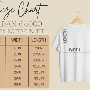 The image is a size chart for a GILDA 64000 unisex softspun t-shirt. The chart provides measurements for different sizes, including S, M, L, XL, XXL, and 4XL, along with corresponding widths in inches.