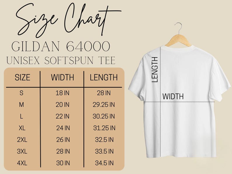 The image is a size chart for a GILDA 64000 unisex softspun t-shirt. The chart provides measurements for different sizes, including S, M, L, XL, XXL, and 4XL, along with corresponding widths in inches.