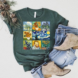 Van Gogh Art Tee – Sunflowers and Self-Portrait Graphic Shirt – Unique Vincent Van Gogh Collage Design – Artistic Nature Lover Gift