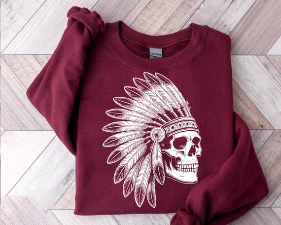 Skull With Feather Headdress Sweatshirt Boho Skull Graphic