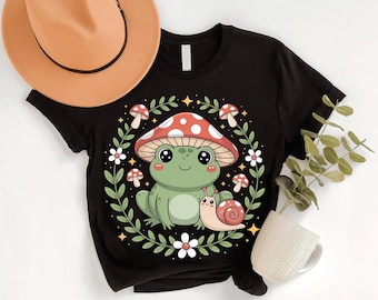 Kawaii Frog T-Shirt: Cottagecore Mushroom Snail Graphic Tee