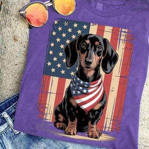 American Flag Bandana Dachshund Shirt – Patriotic Wiener Dog Tee – 4th of July Sausage Dog Lover Gift – USA Pride Dog Mom T-Shirt