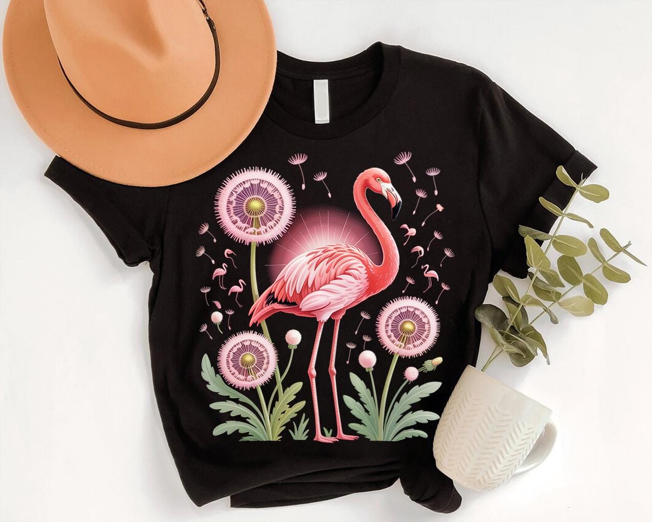 トロピカルフラミンゴグラフィックTシャツ：花柄バードシャツ、夏休み 