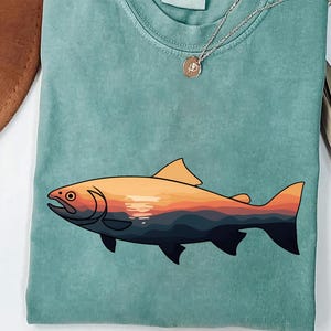 Fishing Shirt – Sunset Fish Graphic Tee, Outdoors Fisherman Gift, Trout Salmon T-Shirt, Nature Wildlife Fishing Apparel for Anglers