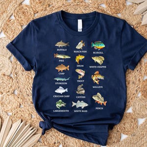 Camiseta de especies de peces de agua dulce - Camiseta con tabla de pesca - Camiseta guía de pesca para pescadores - Camiseta de regalo para pescadores - Camiseta de lubina, trucha y bagre