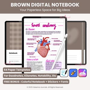 May include: A digital notebook with a brown cover, displaying a heart anatomy diagram on the screen. The image includes a stylus and text: "64 Paper Templates For Goodnotes, Kilonotes, Notability, Etc".
