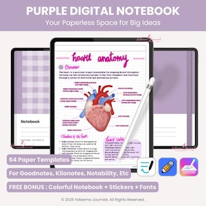 May include: A digital notebook with a purple theme, featuring a heart anatomy diagram on the screen. The image includes a stylus and text that reads "64 Paper Templates" and "Free Bonus". The notebook is designed for Goodnotes, Kilonotes, and Notability.
