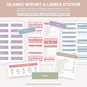 May include: Digital planner stickers with Islamic widgets and labels. The stickers include prayer trackers, checklists, and labels for fasting, prayer times, and other Islamic practices. The stickers are in shades of pink, blue, and purple.