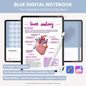 May include: A digital notebook with a blue cover and a white stylus. The screen displays a heart anatomy diagram with labels. The text reads "BLUE DIGITAL NOTEBOOK" and "Your Paperless Space for Big Ideas."