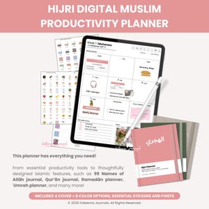 May include: A digital productivity planner with the text "Hijri Digital Muslim Productivity Planner" displayed on a tablet. The image includes a pink journal with Arabic text, and other planner pages.