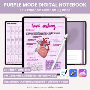 May include: Digital notebook with a purple theme, featuring a heart anatomy diagram on a tablet screen. Includes paper templates, and bonus colorful notebook, stickers, and fonts. Perfect for Goodnotes, Kilonotes, and Notability.