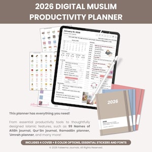 Könnte beinhalten: Ein digitaler muslimischer Produktivitätsplaner für 2026, dargestellt auf einem Tablet mit Stift, zusammen mit gedruckten Planeroptionen. Das Bild enthält den Text "2026 DIGITAL MUSLIM PRODUCTIVITY PLANNER" und Details zu den Funktionen des Planers.