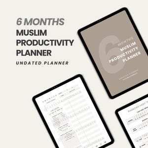 May include: A digital planner for Muslims with a brown background and the text "6 Months Muslim Productivity Planner Undated Planner" in white. The planner includes sections for daily goals, time, activity, and journaling.