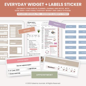 May include: Digital planner stickers with the text "EVERYDAY WIDGET + LABELS STICKER". The image shows various digital planner elements, including appointment cards, trackers, and labels. The stickers are designed for digital planners, journals, and notes.