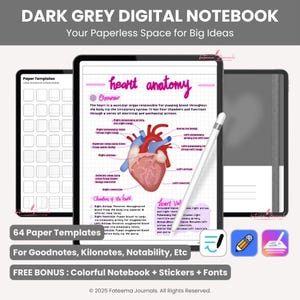 May include: Dark grey digital notebook with the text "Your Paperless Space for Big Ideas." The image shows a tablet displaying "heart anatomy" notes, a stylus, and icons. Includes 64 paper templates and free bonus stickers and fonts.