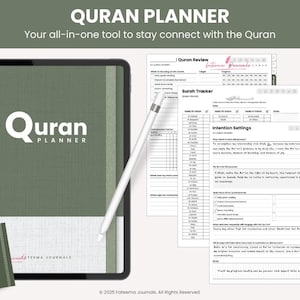 May include: An olive green Quran Planner with the title "Quran Planner" in white. The image includes a tablet with the planner displayed, a stylus, and a small notebook. The text "Your all-in-one tool to stay connect with the Quran" is at the top.