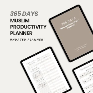 May include: A digital planner for Muslims with a brown cover and the text "365 Days Muslim Productivity Planner Undated Planner". The planner includes sections for daily goals, time, and activities, as well as a section for journaling. The planner also includes a section for Ramadan habit tracking.