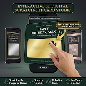 Op de afbeelding: Interactieve 3D digitale kraskaartstudio weergegeven op smartphones. Het scherm toont een donkergroene cadeaubon met goudfolie die kan worden opengekrast om een verrassing te onthullen. Tekst bevat Happy Birthday, Alex, Midnight Obsidian Concert en Baby Reveal.