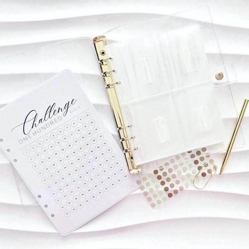 SET 5050 Euro Sparchallenge Binder | A5 Transparent Gold | 100 Umschläge Spar Challenge | 100 Envelope Savings Challenge Bild 1
