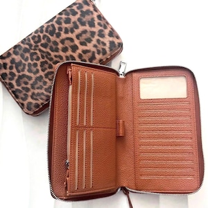 Leopard All-in-One Wallet Clutch Pouch Etui Geldbeutel Geldbörse Portemonnaie Brieftasche mit Reißverschluss | Cash Stuffing | RFID Schutz