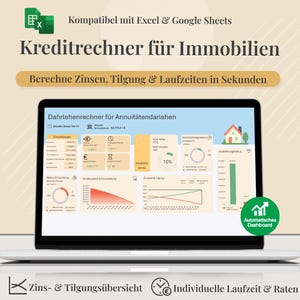 May include: A laptop displaying a mortgage calculator interface with charts and data visualizations. The screen shows financial information, including interest rates and amortization schedules. Text on the screen includes "Kreditrechner für Immobilien" and "Berechne Zinsen, Tilgung & Laufzeiten in Sekunden."