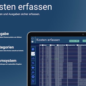 Pu&ograve; includere: Uno screenshot di uno schermo di computer che mostra un programma di foglio di calcolo con il titolo "Kosten erfassen" (tedesco per "Registra i costi"). Il foglio di calcolo ha colonne per la data, l'importo, la descrizione e la categoria. Il foglio di calcolo viene utilizzato per tenere traccia delle entrate e delle spese.