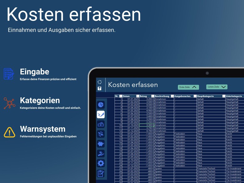 Pu&ograve; includere: Uno screenshot di uno schermo di computer che mostra un programma di foglio di calcolo con il titolo "Kosten erfassen" (tedesco per "Registra i costi"). Il foglio di calcolo ha colonne per la data, l'importo, la descrizione e la categoria. Il foglio di calcolo viene utilizzato per tenere traccia delle entrate e delle spese.