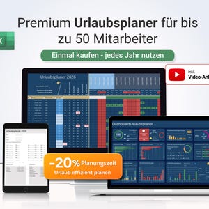 May include: A digital vacation planner displayed on a laptop, tablet, and smartphone. The screens show spreadsheets and dashboards with data visualizations. Text includes "Premium Vacation Planner for up to 50 Employees" and "-20% Planning Time". A green Excel icon is in the upper left.