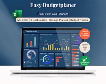 May include: A laptop screen displaying an Easy Budgetplaner dashboard with financial charts, graphs, and data tables. The interface includes sections for savings goals, variable and fixed costs, and yearly progress. Text labels include MS Excel, 3 Dashboards, Savings Planner, and Budget Tracker.