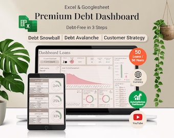 Plantilla de Excel y Google Sheets para el seguimiento de préstamos | Gestiona hasta 50 préstamos | Estrategia de bola de nieve, avalancha y personalizada | Hoja de cálculo para el pago de deudas