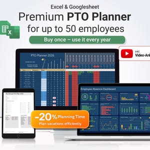 Könnte beinhalten: Digitales Bild eines Premium PTO Planers für bis zu 50 Mitarbeiter, angezeigt auf einem Laptop, Tablet und Desktop-Computer. Der Text beinhaltet "Buy once - use it every year" und "-20% Planning Time".