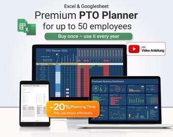 Registro de días libres (PTO) en Excel y Hojas de Cálculo de Google | Planificador de vacaciones para el personal | Panel de control de tiempo libre para pequeñas empresas | Calendario de ausencias de empleados