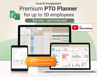 May include: A digital display of a Premium PTO Planner for up to 50 employees, with the text "Excel & Googlesheet." The image shows the planner on a laptop, tablet, and phone. The text "-20% Planning Time" is also visible.