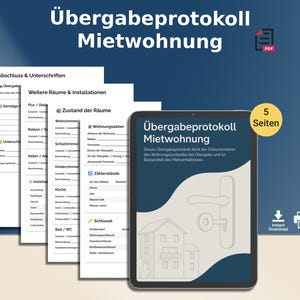 May include: A digital document titled "Übergabeprotokoll Mietwohnung" (Handover Protocol Apartment) with a dark blue background. The image includes a tablet displaying the document, a stack of related forms, and a PDF icon. The tablet shows a house outline and a door handle.