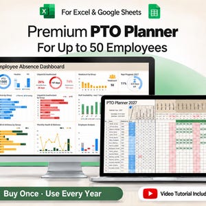 Op de afbeelding: Een digitale verlofplanner voor Excel en Google Sheets voor maximaal 50 werknemers. Het scherm toont een dashboard voor personeelsafwezigheid met diverse grafieken en een kalender voor 2027 voor het bijhouden van verlof.