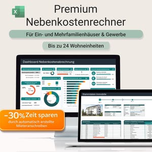 May include: A computer monitor and laptop displaying a spreadsheet with the text "Premium Nebenkostenrechner". The screen shows data visualizations and tables. An orange banner states "-30% Time Saving". The image includes the Excel logo.