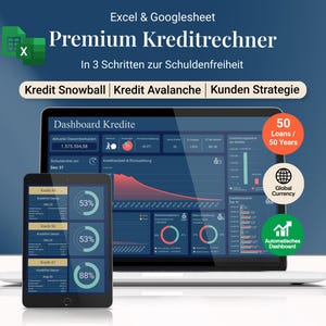 Może przedstawiać: Laptop i tablet wyświetlają panel finansowy z wykresami i wizualizacjami danych. Obraz zawiera tekst "Premium Kreditrechner" i "In 3 Schritten zur Schuldenfreiheit". Ikony wskazują funkcje, takie jak "50 Loans / 50 Years".